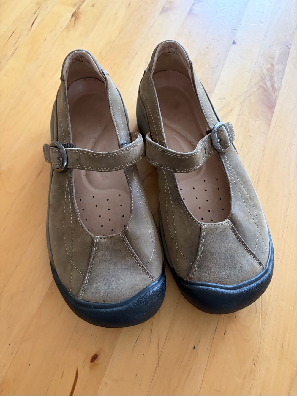Keen Taupe Mary Jane Flats with Black Toe